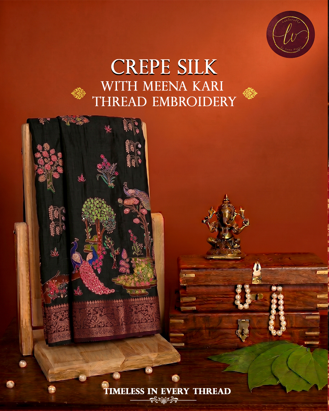 Neelambara Crepe Silk Saree with Meenakari Thread Embroidery