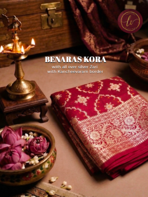 Banaras Kora Silk Saree with Silver Zari & Kanchipuram Border