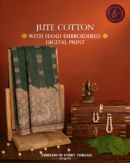 Jute Cotton Saree with Hand Embroidered Digital Print