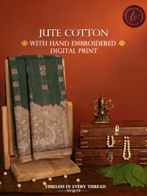 Jute Cotton Saree with Hand Embroidered Digital Print